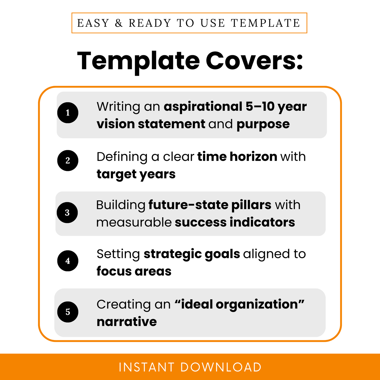 Nonprofit vision planning template highlights including 5–10 year vision statement, time horizon, strategic goals, measurable success indicators, and organizational narrative framework