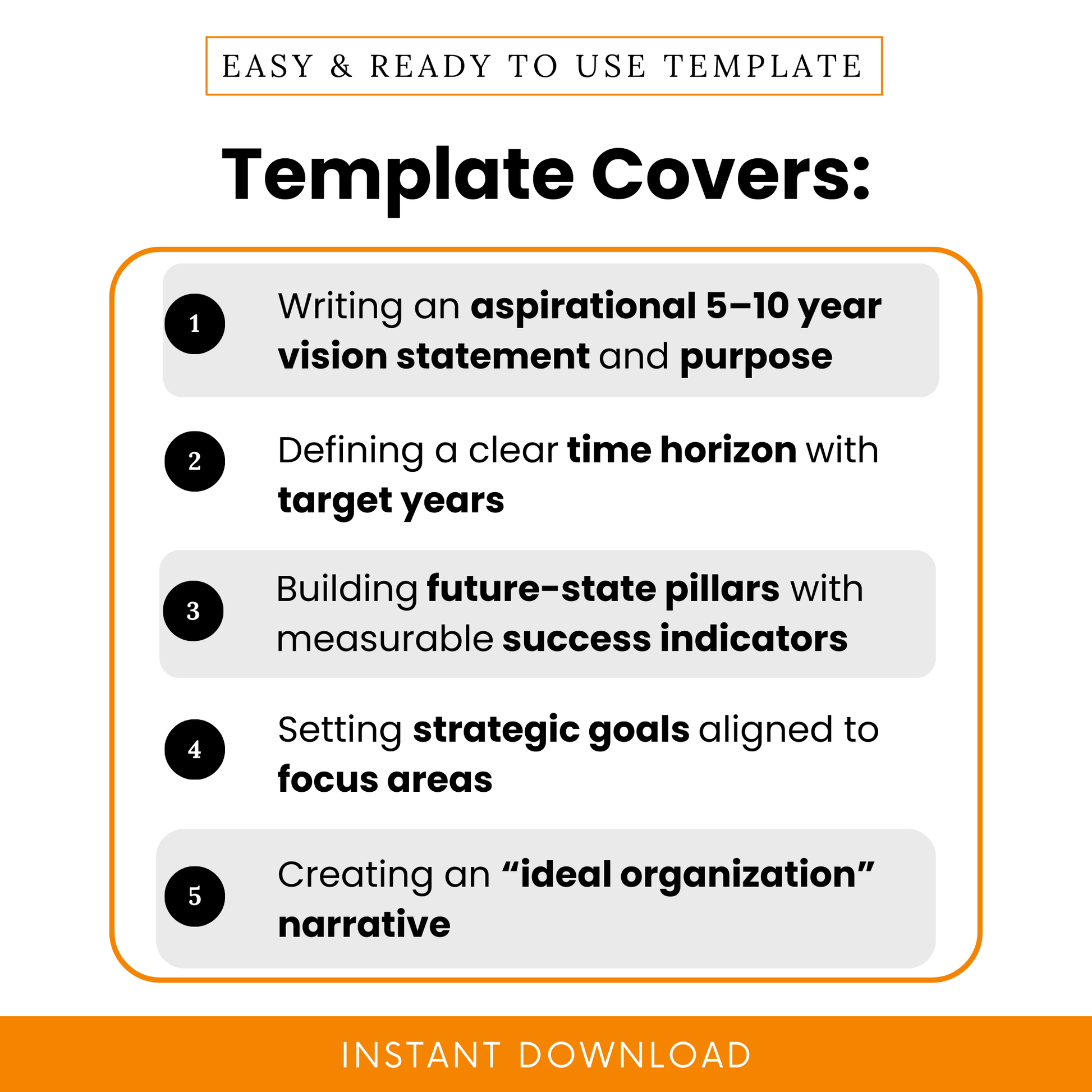 Nonprofit vision planning template highlights including 5–10 year vision statement, time horizon, strategic goals, measurable success indicators, and organizational narrative framework