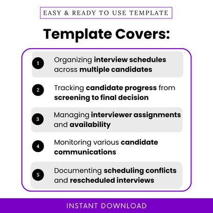 Simple interview schedule template for organizing interviews, tracking candidate progress, and managing hiring workflows for recruiters and HR professionals