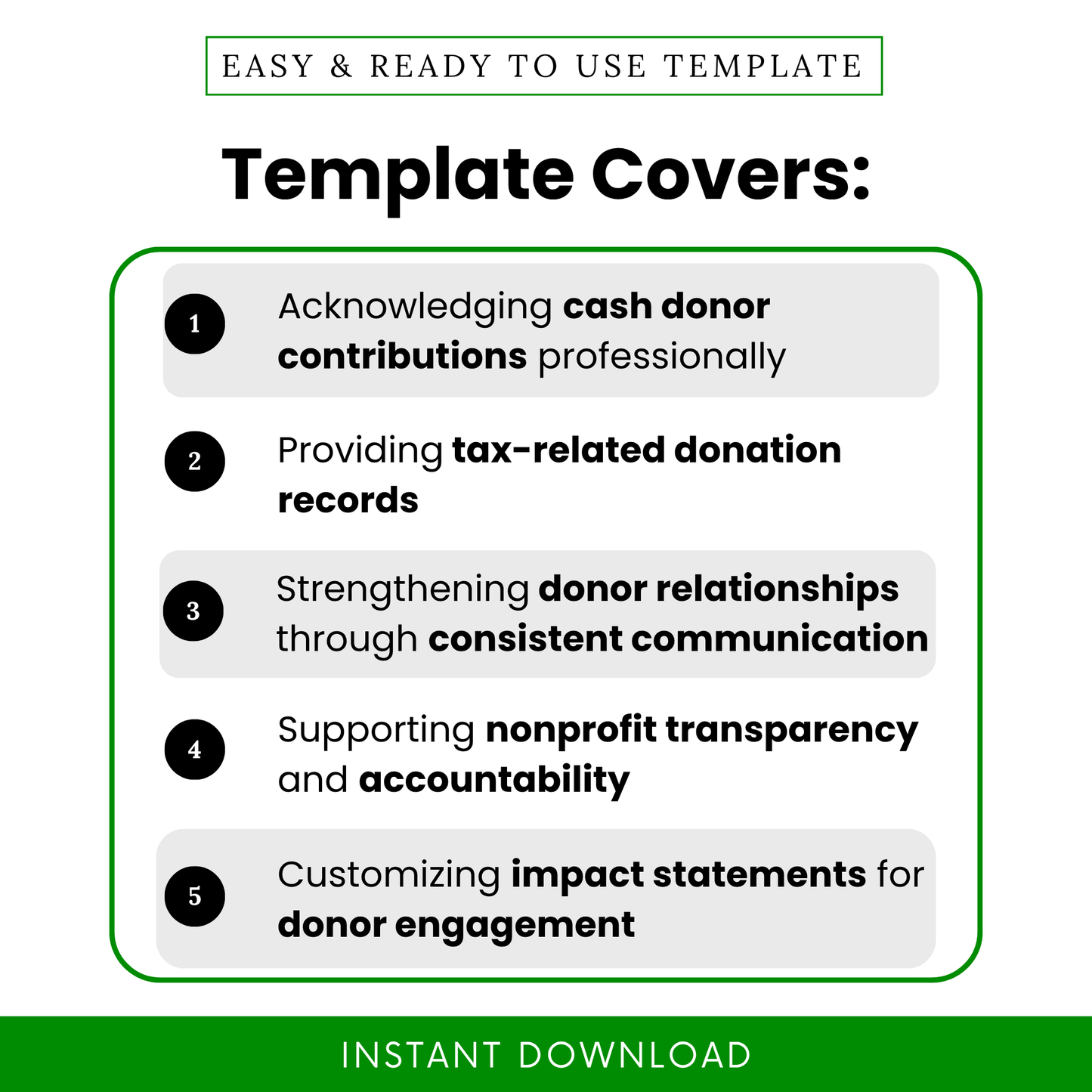 Simple cash donation acknowledgment template highlighting key uses like donor contribution tracking, tax documentation, and nonprofit communication. This editable business template helps organizations manage donor records and strengthen relationships with clear, professional letters.