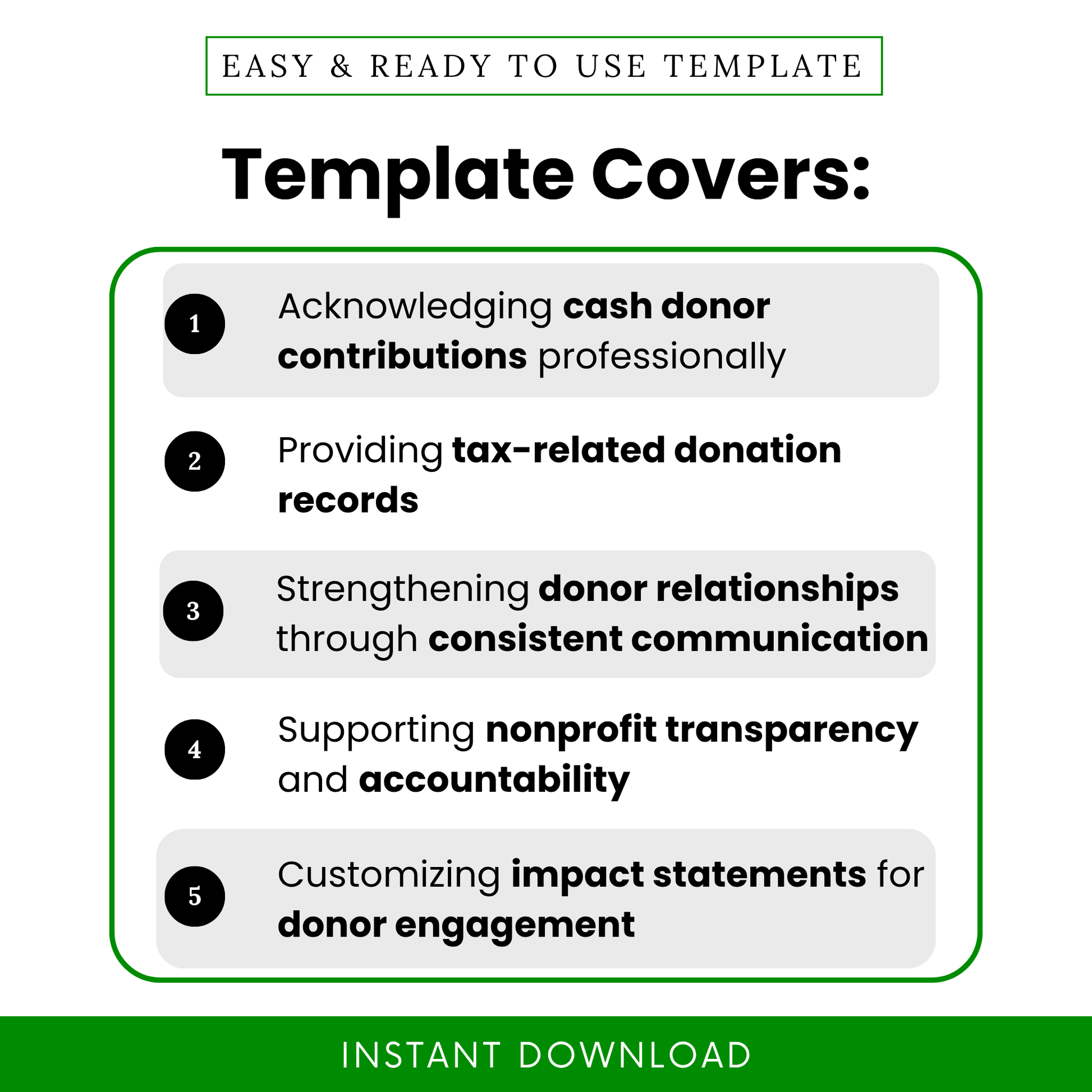 Simple cash donation acknowledgment template highlighting key uses like donor contribution tracking, tax documentation, and nonprofit communication. This editable business template helps organizations manage donor records and strengthen relationships with clear, professional letters.
