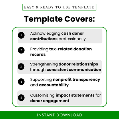 Simple cash donation acknowledgment template highlighting key uses like donor contribution tracking, tax documentation, and nonprofit communication. This editable business template helps organizations manage donor records and strengthen relationships with clear, professional letters.