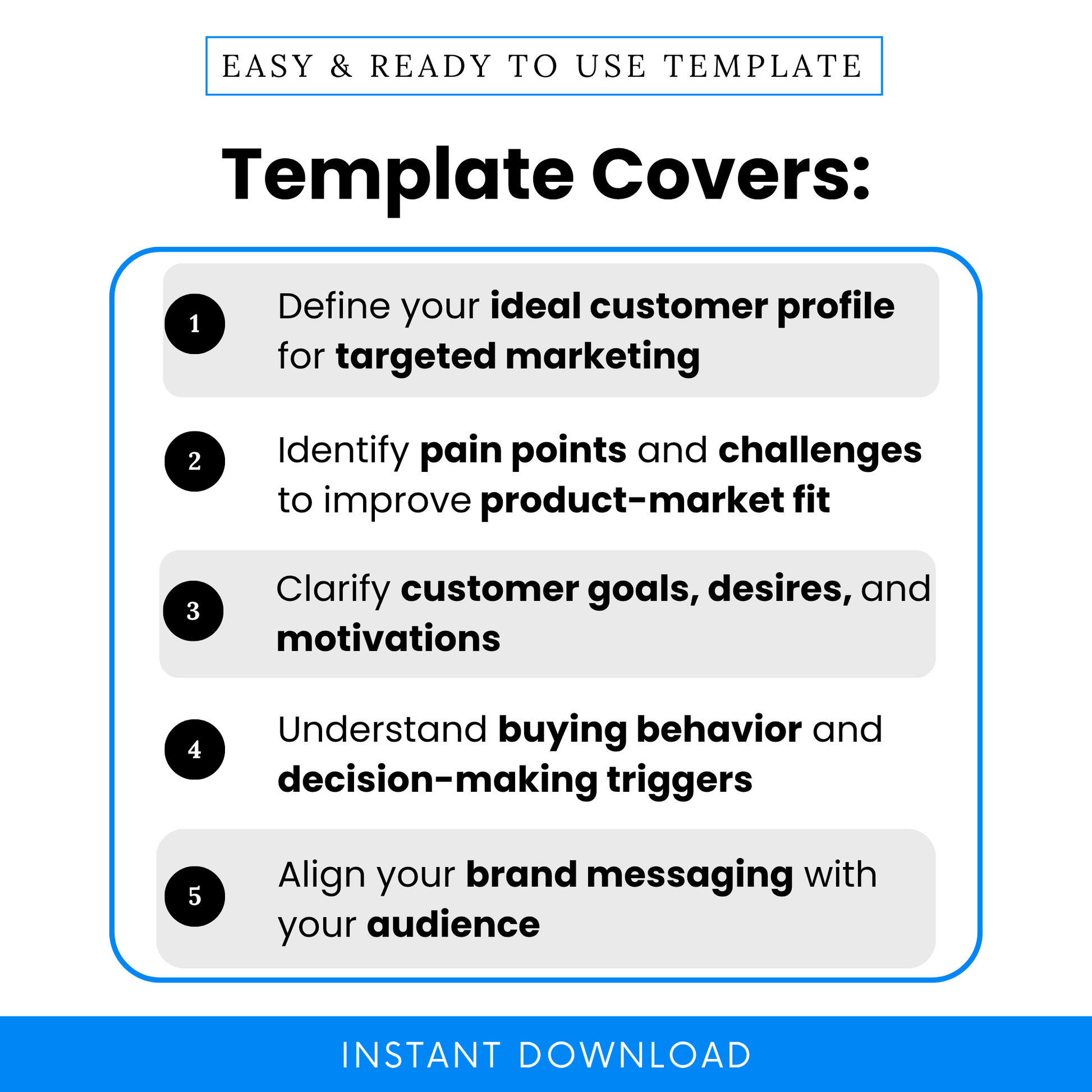 Simple Customer Avatar Template highlighting key benefits like defining ideal customer profiles, identifying pain points, and improving product-market fit. This Customer Avatar Template PDF is ideal for entrepreneurs and teams who want an editable business template to better understand customer goals and buying behavior.