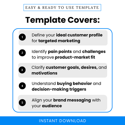 Simple Customer Avatar Template highlighting key benefits like defining ideal customer profiles, identifying pain points, and improving product-market fit. This Customer Avatar Template PDF is ideal for entrepreneurs and teams who want an editable business template to better understand customer goals and buying behavior.