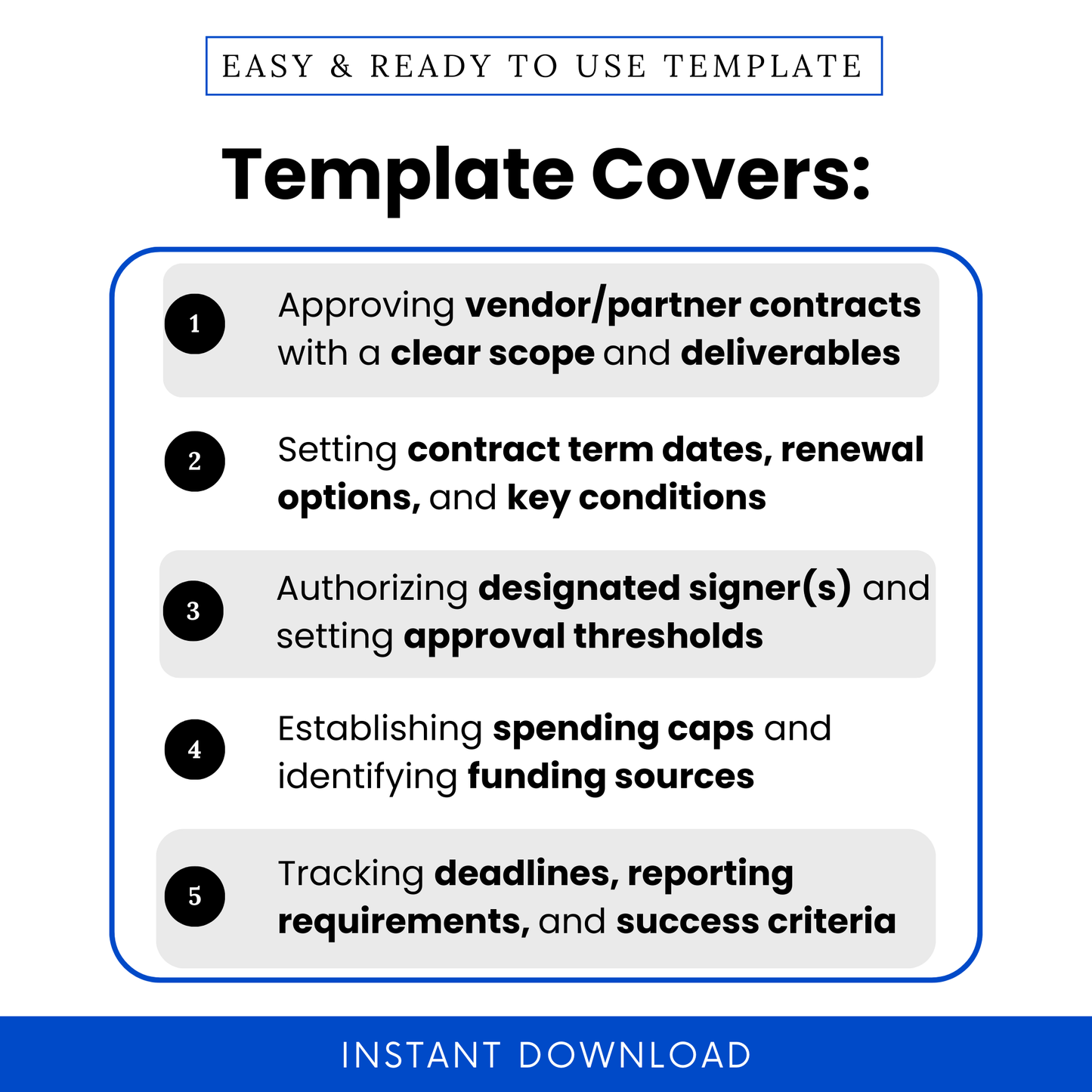 Nonprofit board resolution template outlining contract approval process, vendor agreements, term dates, signer authorization, spending limits, and reporting requirements for organizations