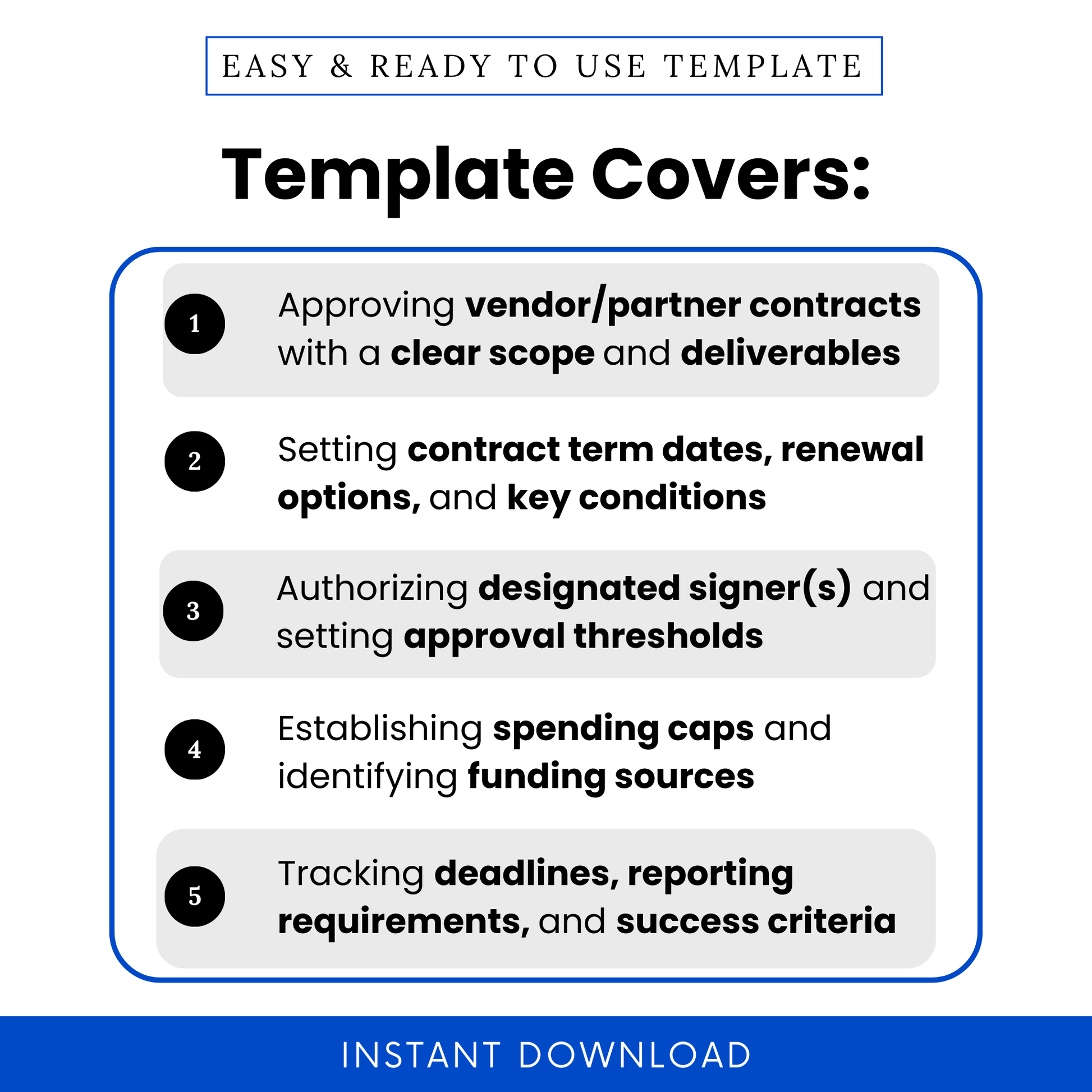 Nonprofit board resolution template outlining contract approval process, vendor agreements, term dates, signer authorization, spending limits, and reporting requirements for organizations
