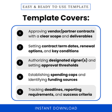 Nonprofit board resolution template outlining contract approval process, vendor agreements, term dates, signer authorization, spending limits, and reporting requirements for organizations