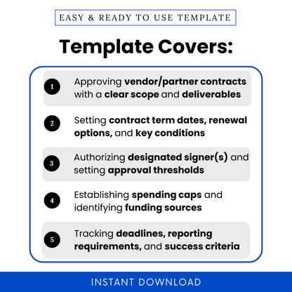 Nonprofit board resolution template outlining contract approval process, vendor agreements, term dates, signer authorization, spending limits, and reporting requirements for organizations
