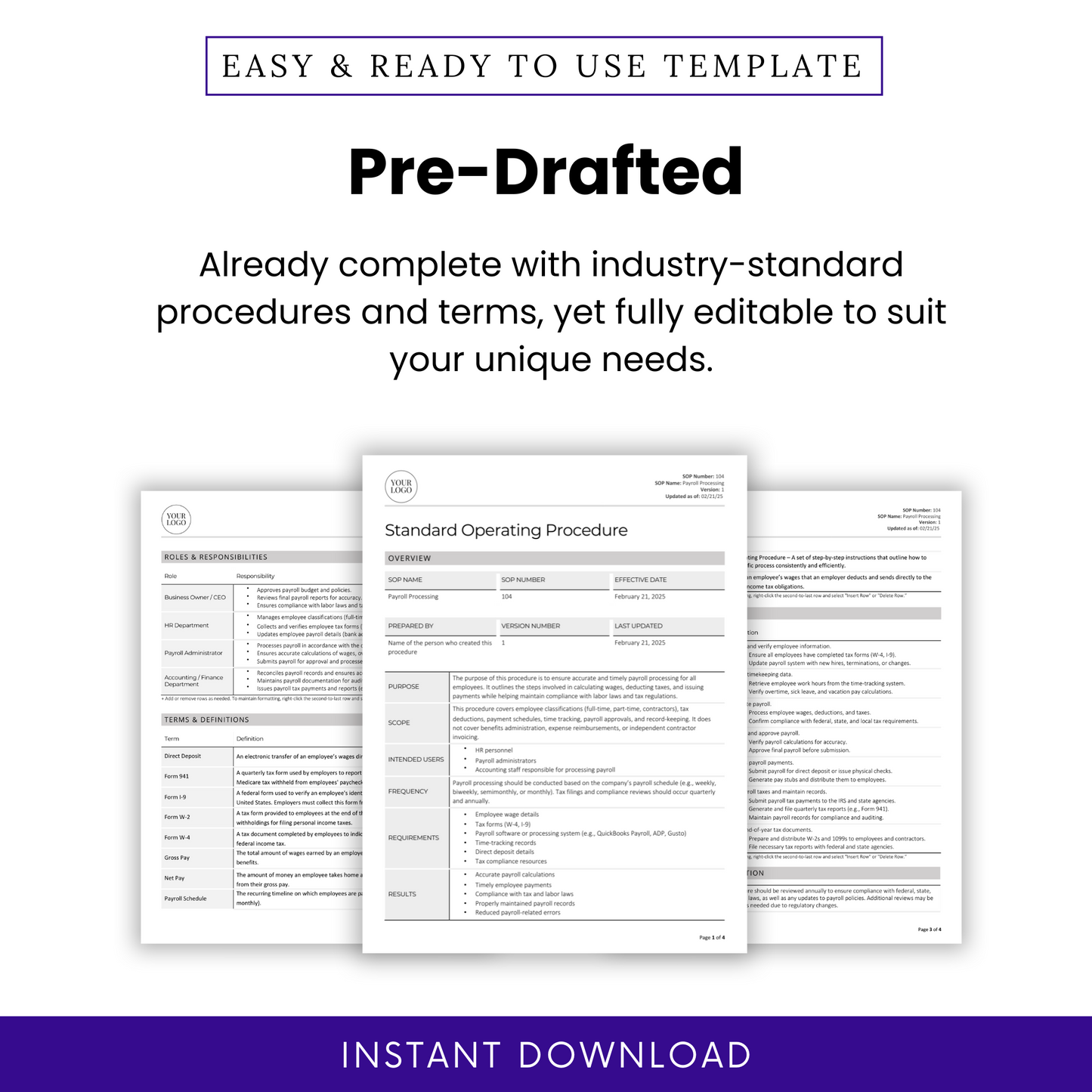 Payroll Processing SOP Template (Word & PDF) – Simple Standard Operating Procedure Template