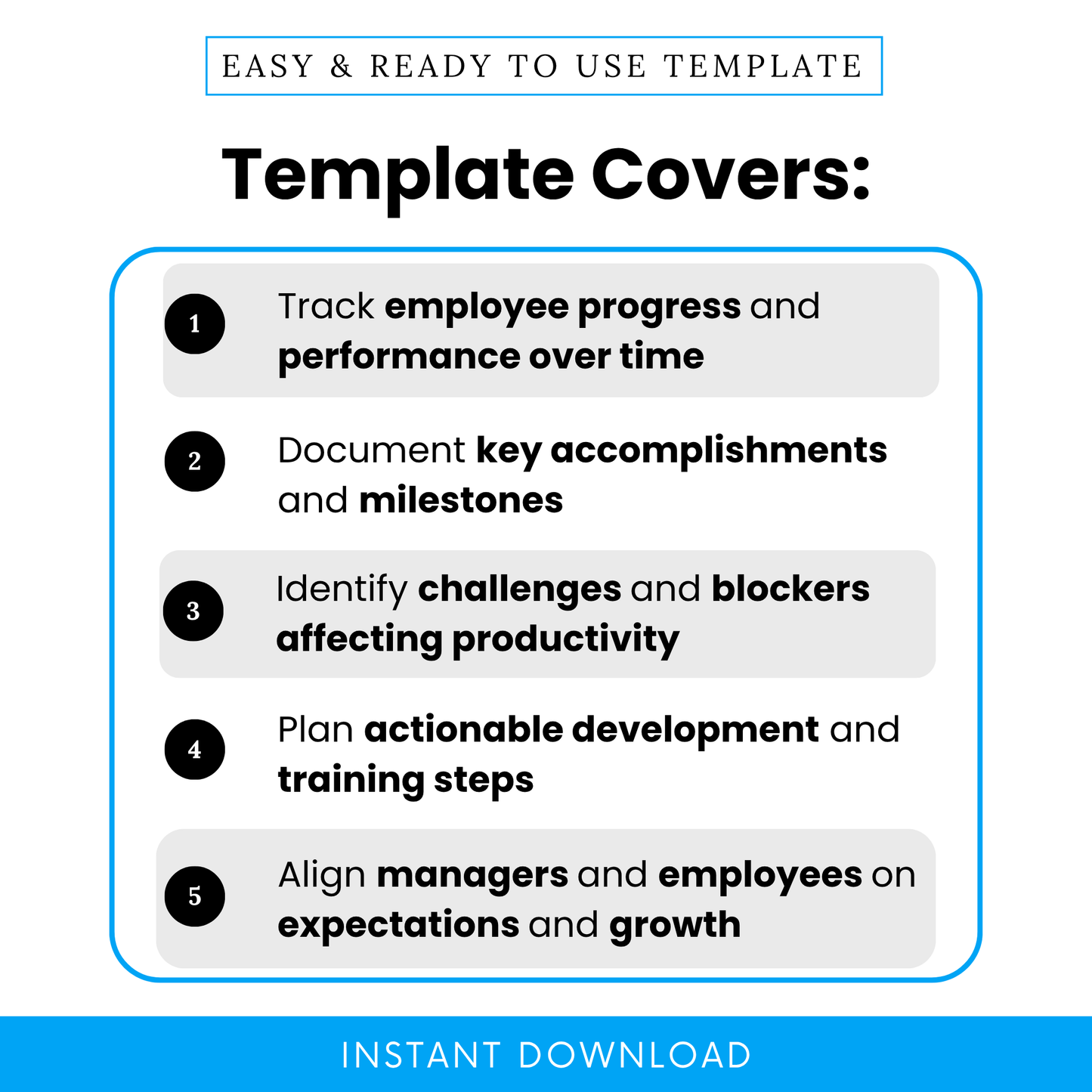 Professional employee performance review template highlighting key features such as tracking employee progress, documenting accomplishments, identifying workplace challenges, and planning actionable development steps.