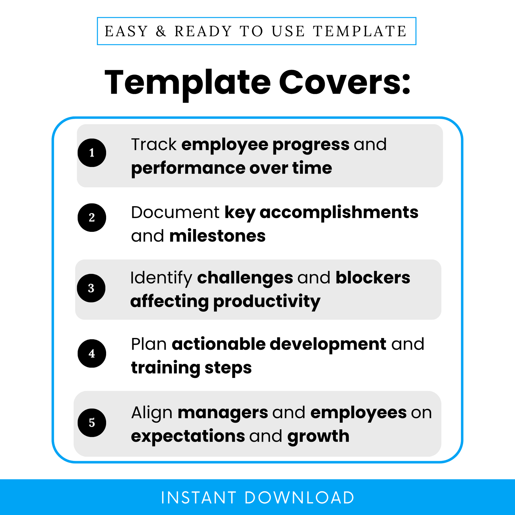 Professional employee performance review template highlighting key features such as tracking employee progress, documenting accomplishments, identifying workplace challenges, and planning actionable development steps.