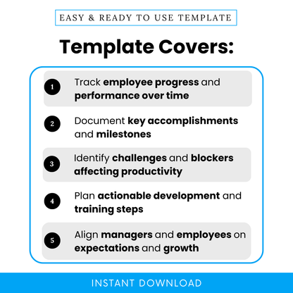 Professional employee performance review template highlighting key features such as tracking employee progress, documenting accomplishments, identifying workplace challenges, and planning actionable development steps.