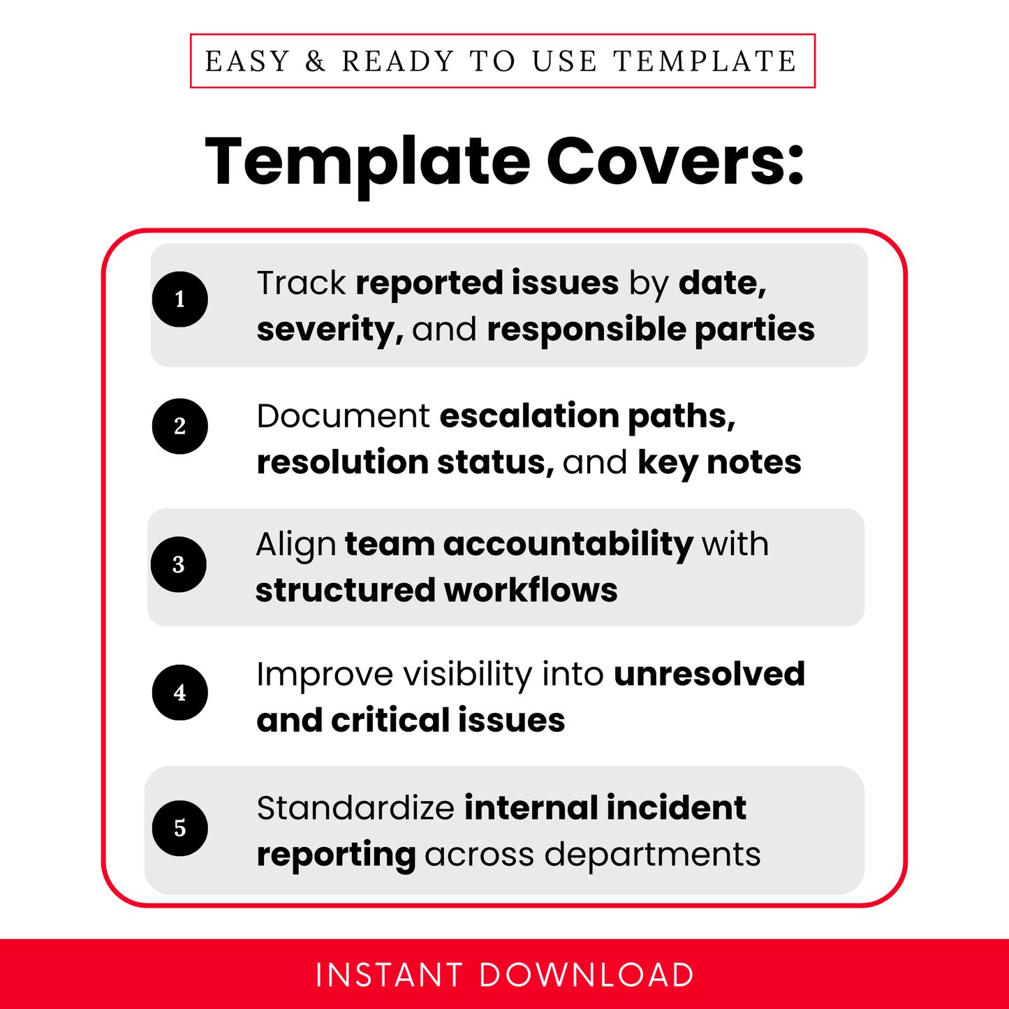 Issue escalation log template features overview showing tracking by date severity and responsible parties, escalation paths resolution status notes, team accountability workflow and standardized incident reporting