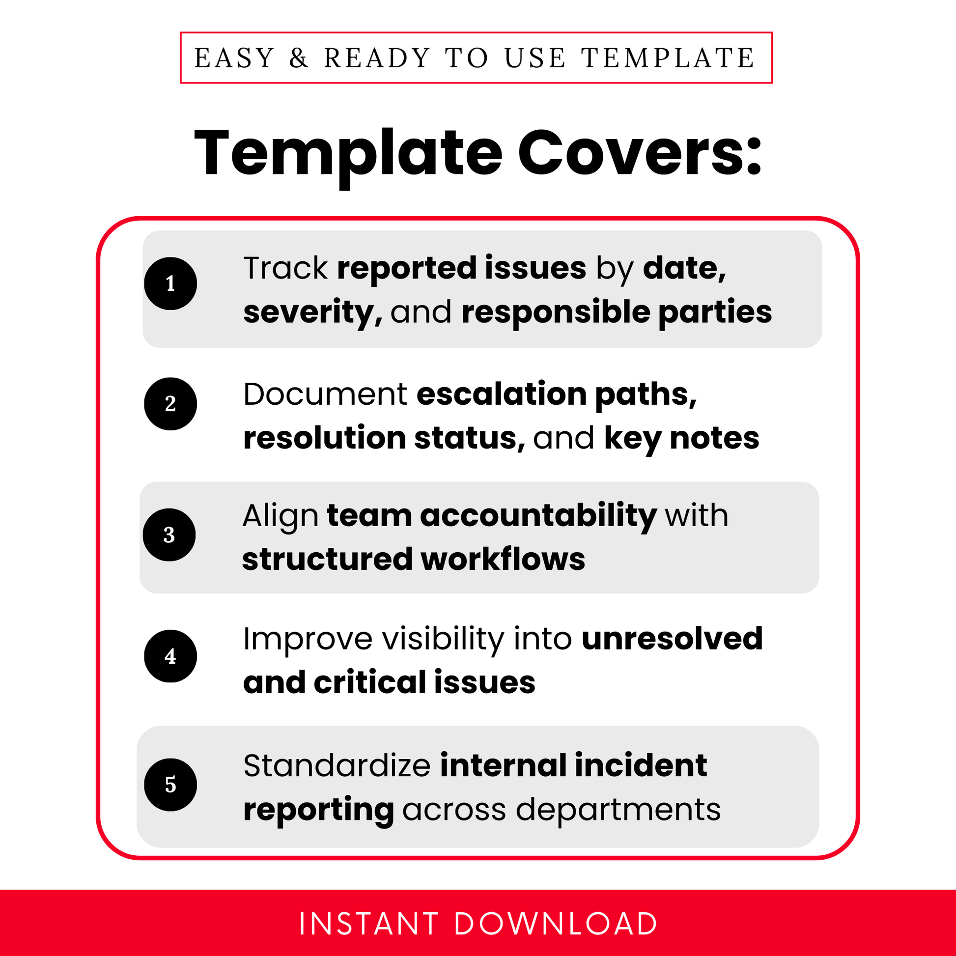 Issue escalation log template features overview showing tracking by date severity and responsible parties, escalation paths resolution status notes, team accountability workflow and standardized incident reporting