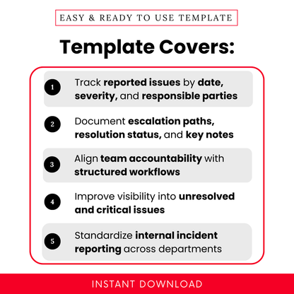 Issue escalation log template features overview showing tracking by date severity and responsible parties, escalation paths resolution status notes, team accountability workflow and standardized incident reporting