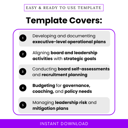 Nonprofit operational plan template highlighting executive planning, board alignment, recruitment planning, budgeting, and risk management for nonprofit leadership teams