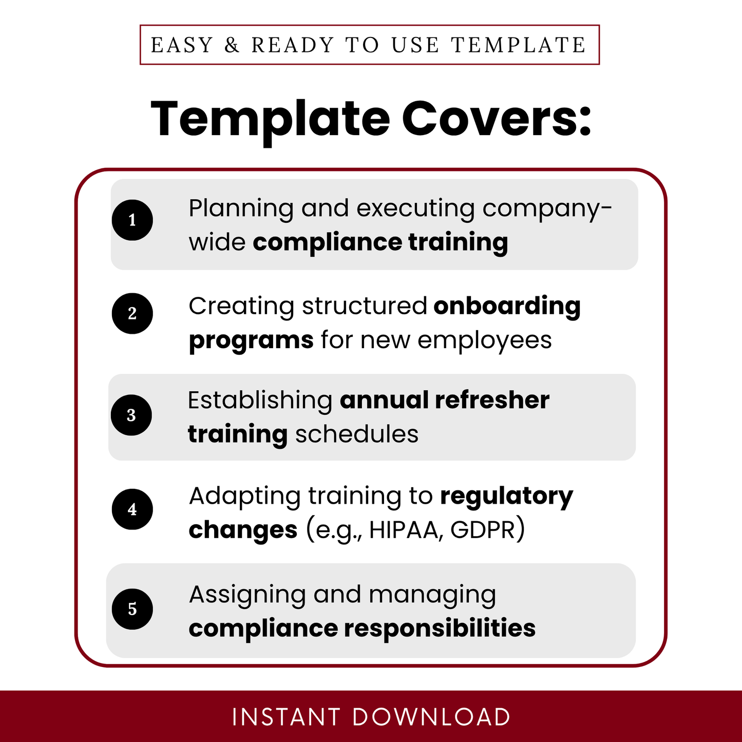 Clean business template features list highlighting compliance training planning, onboarding programs, refresher training schedule, HR compliance management template