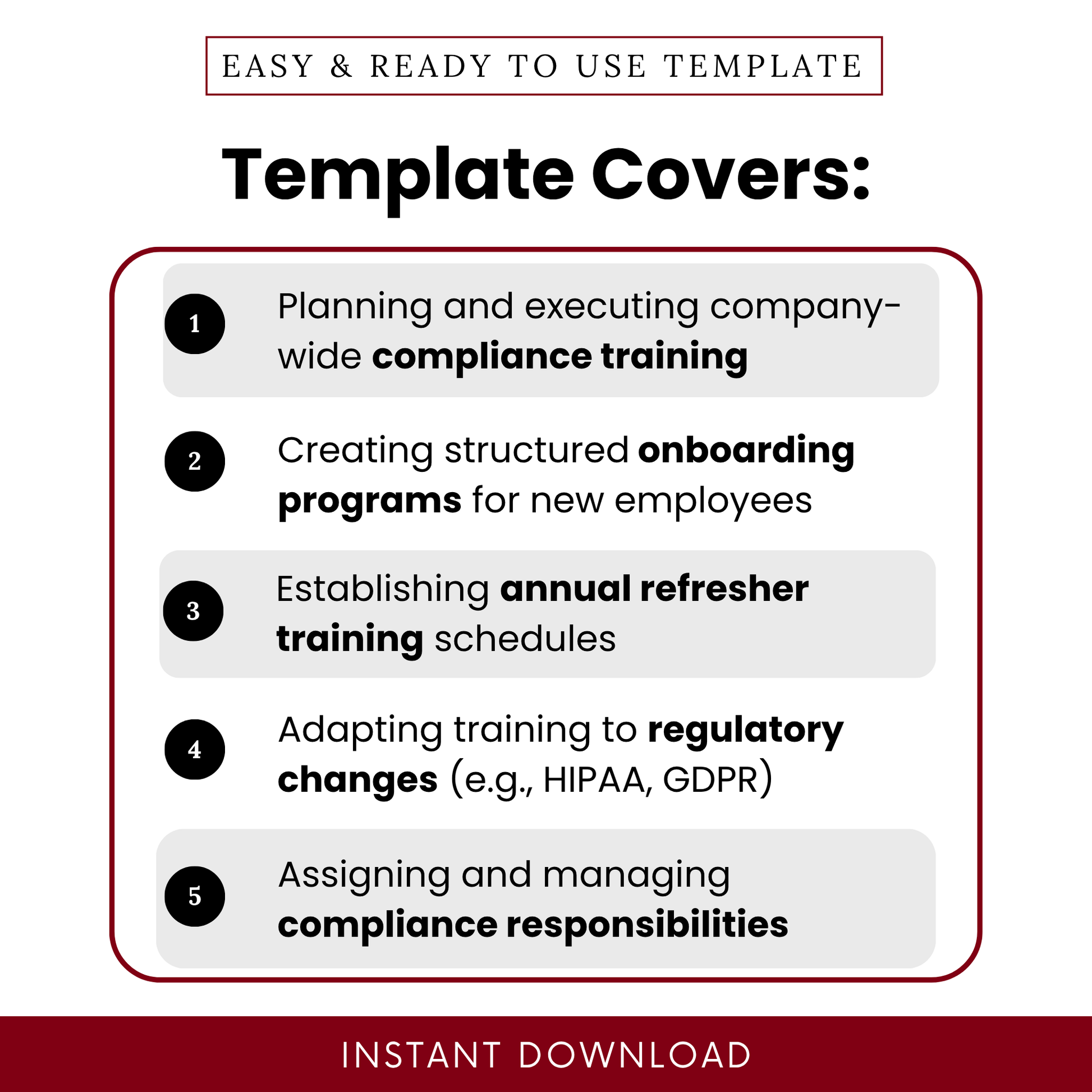 Clean business template features list highlighting compliance training planning, onboarding programs, refresher training schedule, HR compliance management template
