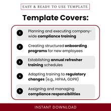 Clean business template features list highlighting compliance training planning, onboarding programs, refresher training schedule, HR compliance management template