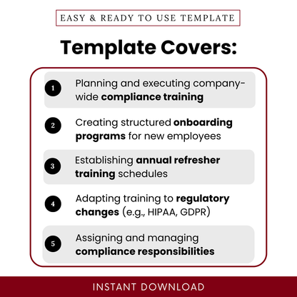 Clean business template features list highlighting compliance training planning, onboarding programs, refresher training schedule, HR compliance management template