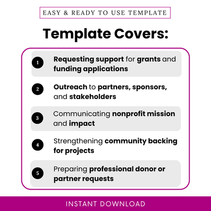 Simple Letter of Support Template showcasing key use cases including grant applications, stakeholder outreach, and nonprofit communication. This editable nonprofit template highlights how teams, organizations, and small businesses can use the document to request support and build community backing.