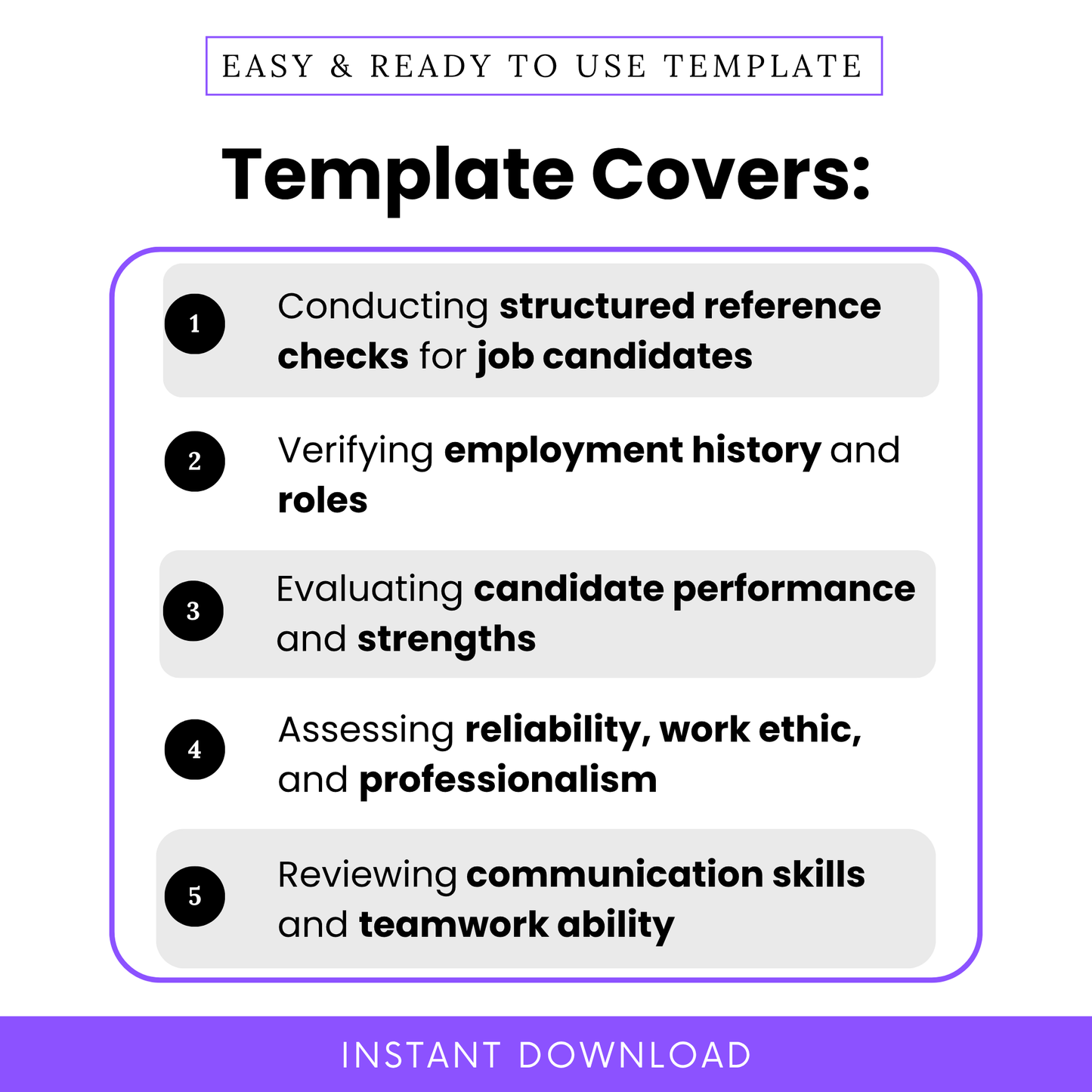 Simple Job Reference Check Template highlighting key use cases like structured reference checks, employment verification, and candidate performance evaluation. This Job Reference Check Questionnaire Template PDF is perfect for hiring managers and teams needing an organized, professional hiring tool.