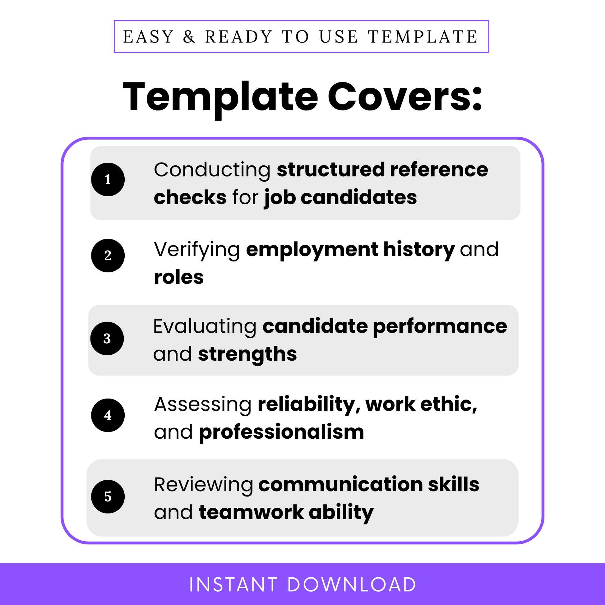 Simple Job Reference Check Template highlighting key use cases like structured reference checks, employment verification, and candidate performance evaluation. This Job Reference Check Questionnaire Template PDF is perfect for hiring managers and teams needing an organized, professional hiring tool.