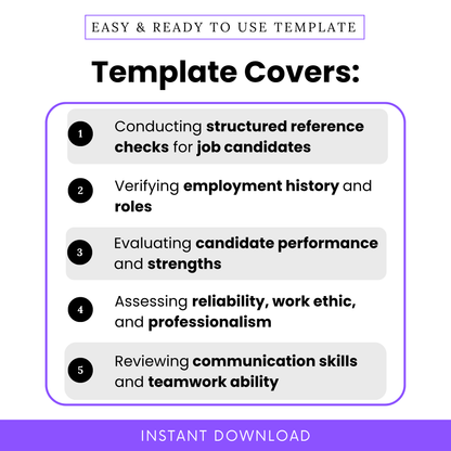 Simple Job Reference Check Template highlighting key use cases like structured reference checks, employment verification, and candidate performance evaluation. This Job Reference Check Questionnaire Template PDF is perfect for hiring managers and teams needing an organized, professional hiring tool.