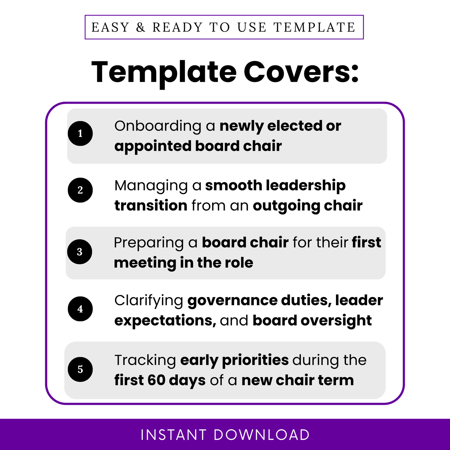 Nonprofit board chair onboarding checklist template infographic showing onboarding a newly elected or appointed board chair, leadership transition planning, first meeting preparation, governance duties, and first 60 days priorities for nonprofit organizations
