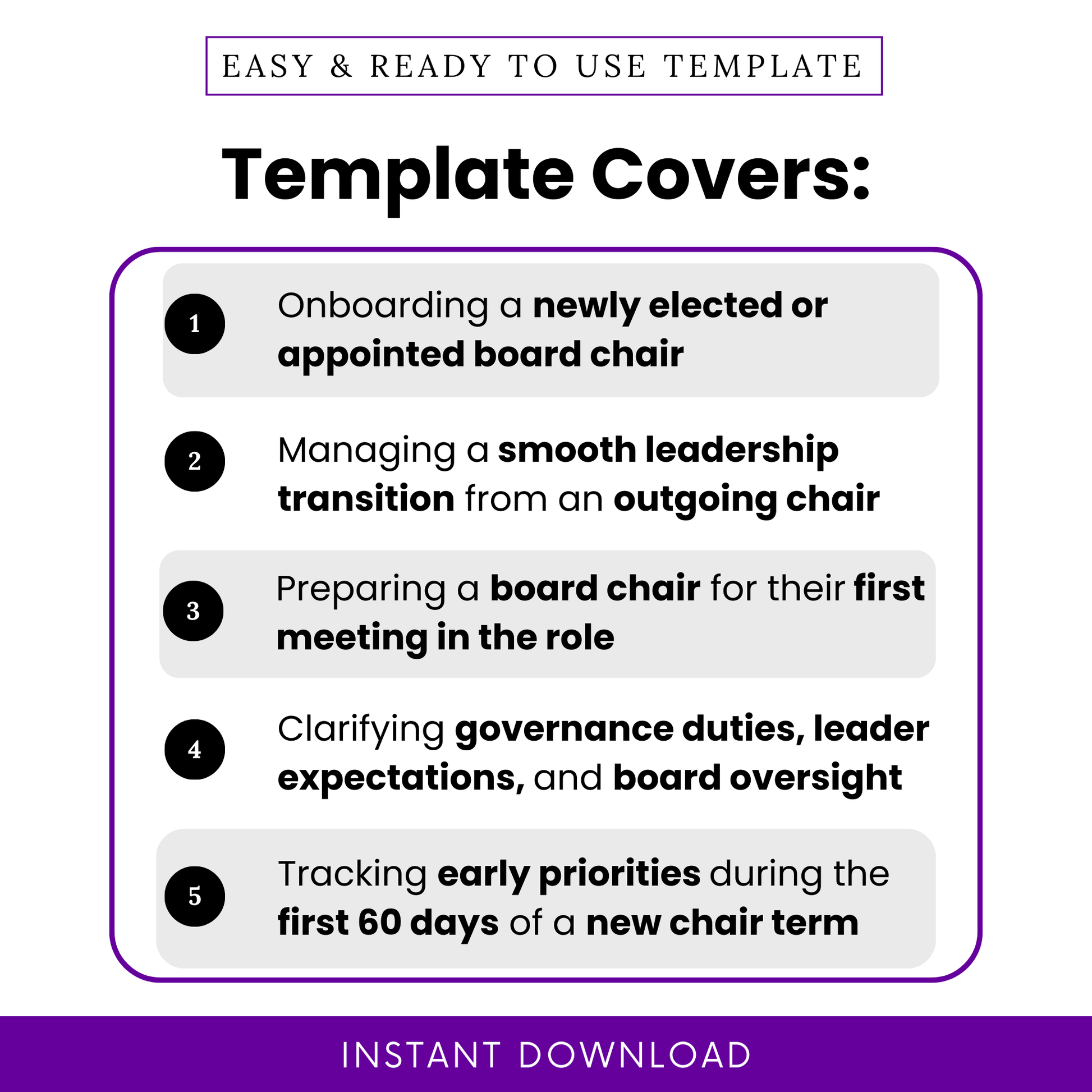 Nonprofit board chair onboarding checklist template infographic showing onboarding a newly elected or appointed board chair, leadership transition planning, first meeting preparation, governance duties, and first 60 days priorities for nonprofit organizations