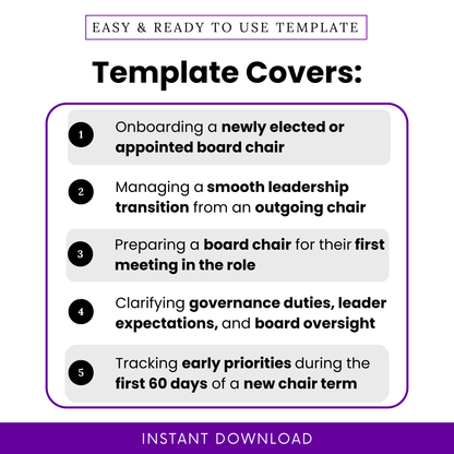 Nonprofit board chair onboarding checklist template infographic showing onboarding a newly elected or appointed board chair, leadership transition planning, first meeting preparation, governance duties, and first 60 days priorities for nonprofit organizations