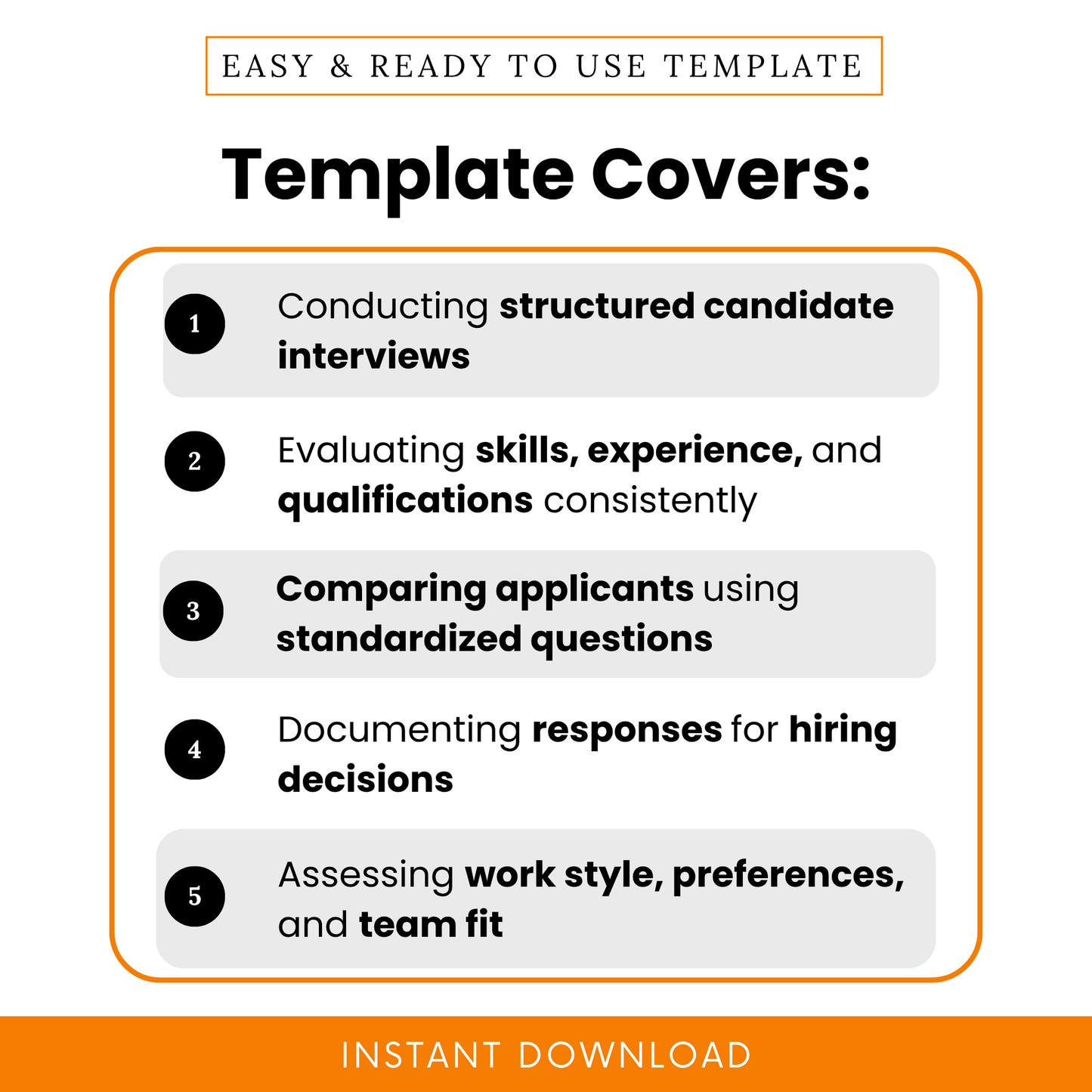 Hiring questionnaire template outlining structured interview questions, candidate evaluation, skills and experience assessment, and applicant comparison process