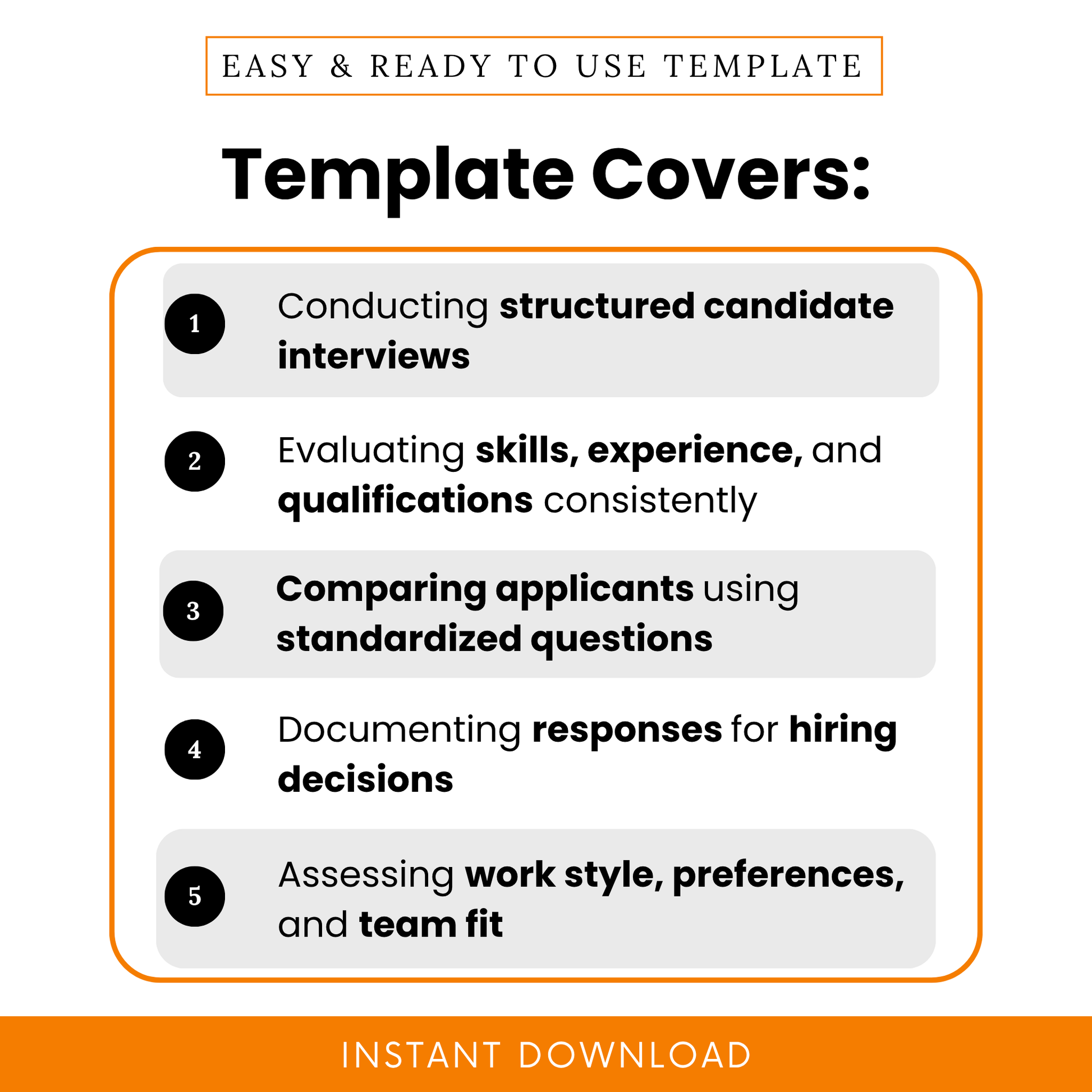 Hiring questionnaire template outlining structured interview questions, candidate evaluation, skills and experience assessment, and applicant comparison process