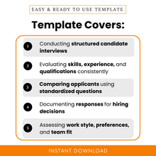 Hiring questionnaire template outlining structured interview questions, candidate evaluation, skills and experience assessment, and applicant comparison process