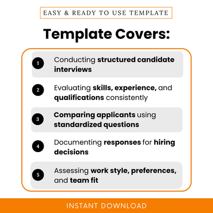 Hiring questionnaire template outlining structured interview questions, candidate evaluation, skills and experience assessment, and applicant comparison process