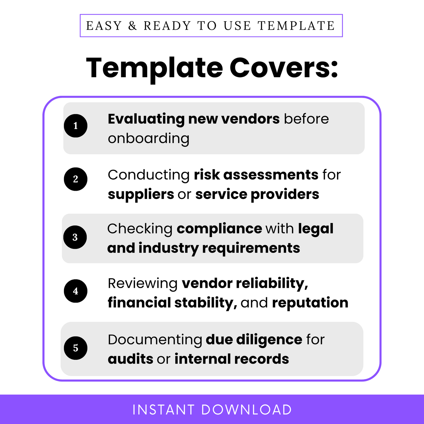 Simple Vendor Due Diligence Template highlighting key use cases like evaluating new vendors, conducting supplier risk assessments, and ensuring compliance with legal requirements. This Vendor Due Diligence Checklist Template PDF is perfect for businesses needing a structured, editable checklist for vendor onboarding and risk management.