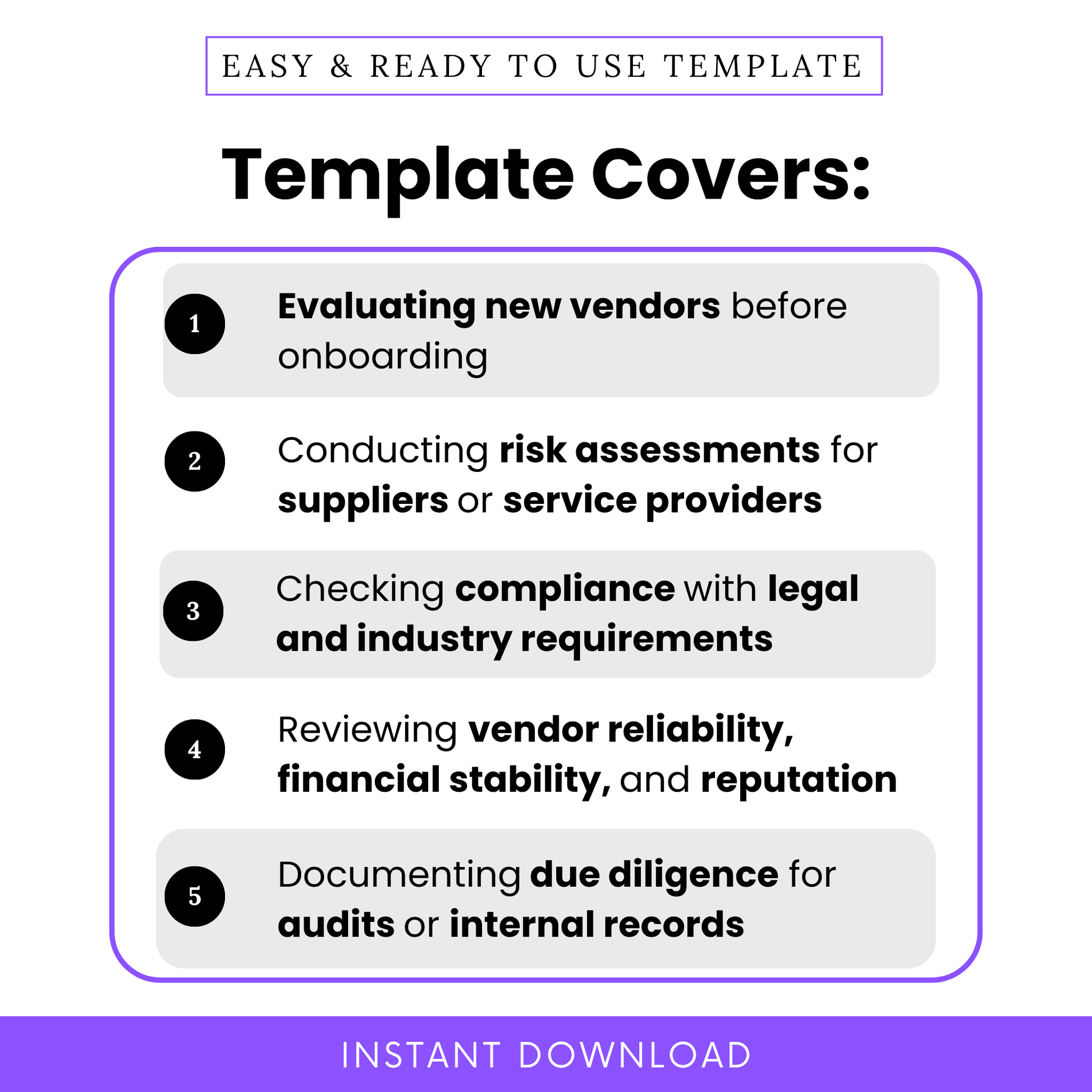 Simple Vendor Due Diligence Template highlighting key use cases like evaluating new vendors, conducting supplier risk assessments, and ensuring compliance with legal requirements. This Vendor Due Diligence Checklist Template PDF is perfect for businesses needing a structured, editable checklist for vendor onboarding and risk management.