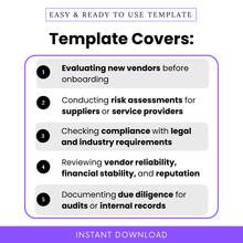 Simple Vendor Due Diligence Template highlighting key use cases like evaluating new vendors, conducting supplier risk assessments, and ensuring compliance with legal requirements. This Vendor Due Diligence Checklist Template PDF is perfect for businesses needing a structured, editable checklist for vendor onboarding and risk management.