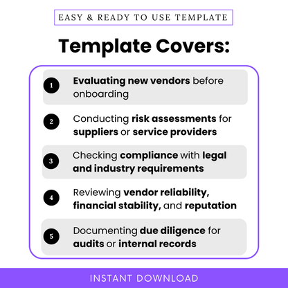 Simple Vendor Due Diligence Template highlighting key use cases like evaluating new vendors, conducting supplier risk assessments, and ensuring compliance with legal requirements. This Vendor Due Diligence Checklist Template PDF is perfect for businesses needing a structured, editable checklist for vendor onboarding and risk management.