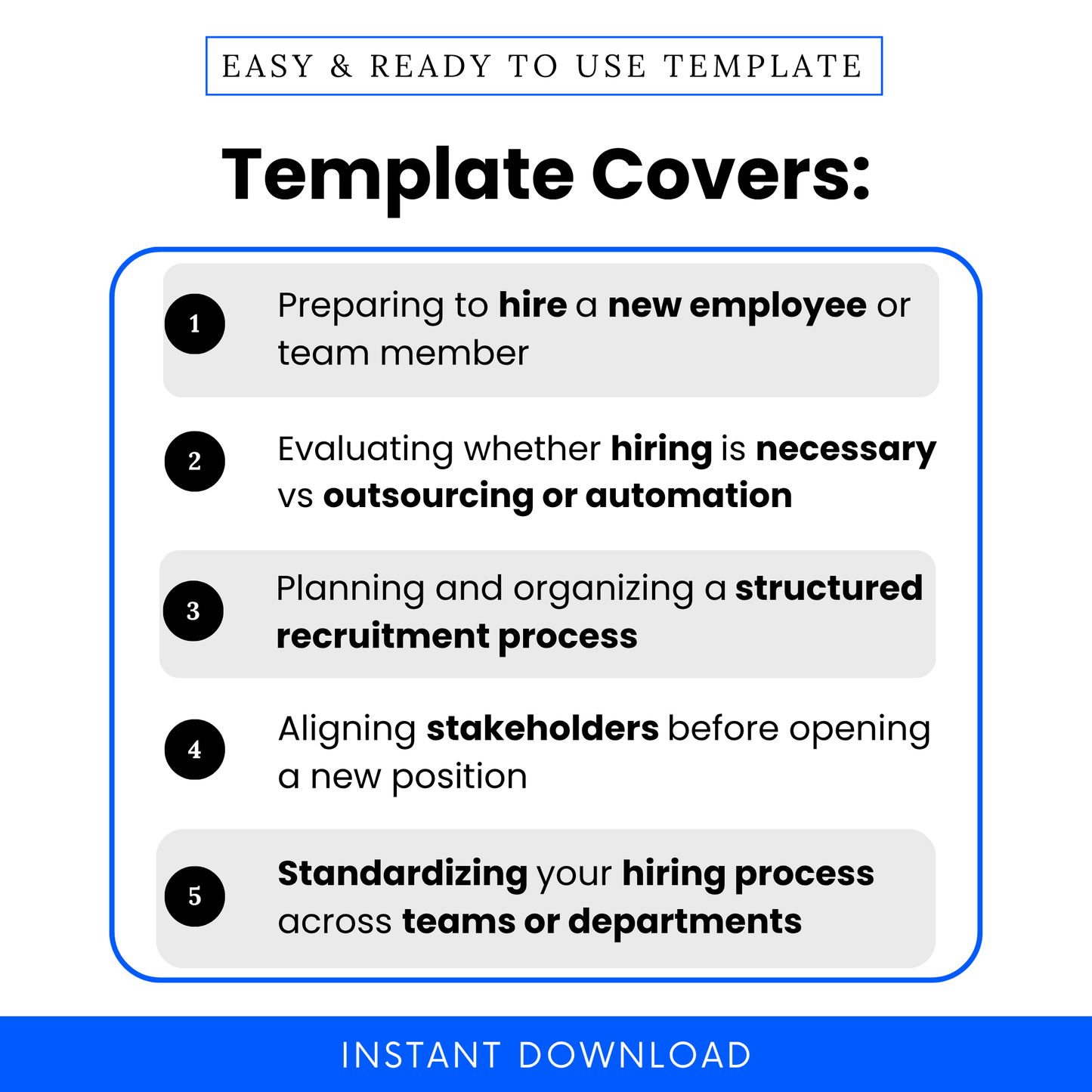 Hiring checklist template use cases showing employee hiring planning, outsourcing vs hiring decisions, recruitment process organization, and HR workflow standardization
