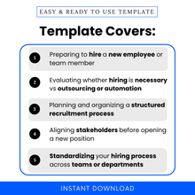 Hiring checklist template use cases showing employee hiring planning, outsourcing vs hiring decisions, recruitment process organization, and HR workflow standardization