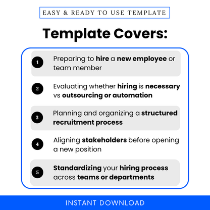 Hiring checklist template use cases showing employee hiring planning, outsourcing vs hiring decisions, recruitment process organization, and HR workflow standardization