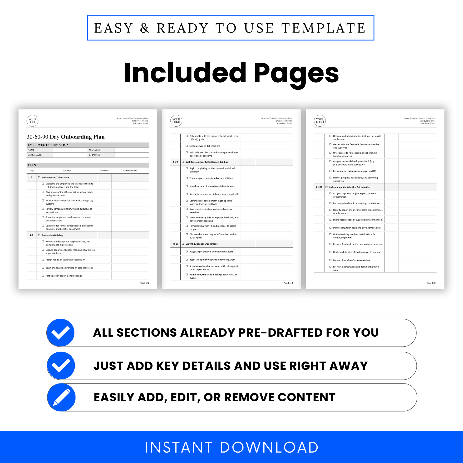 30-60-90 day onboarding plan pages preview, employee onboarding checklist multi-page template, HR training schedule layout, editable onboarding document Word PDF printable
