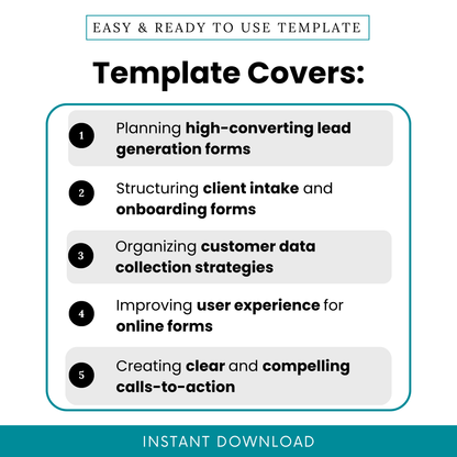 Simple Lead Capture Form Template showcasing key use cases like planning lead generation forms and improving user experience. This editable Lead Capture Form Planner Template helps businesses organize client intake and optimize marketing workflows.