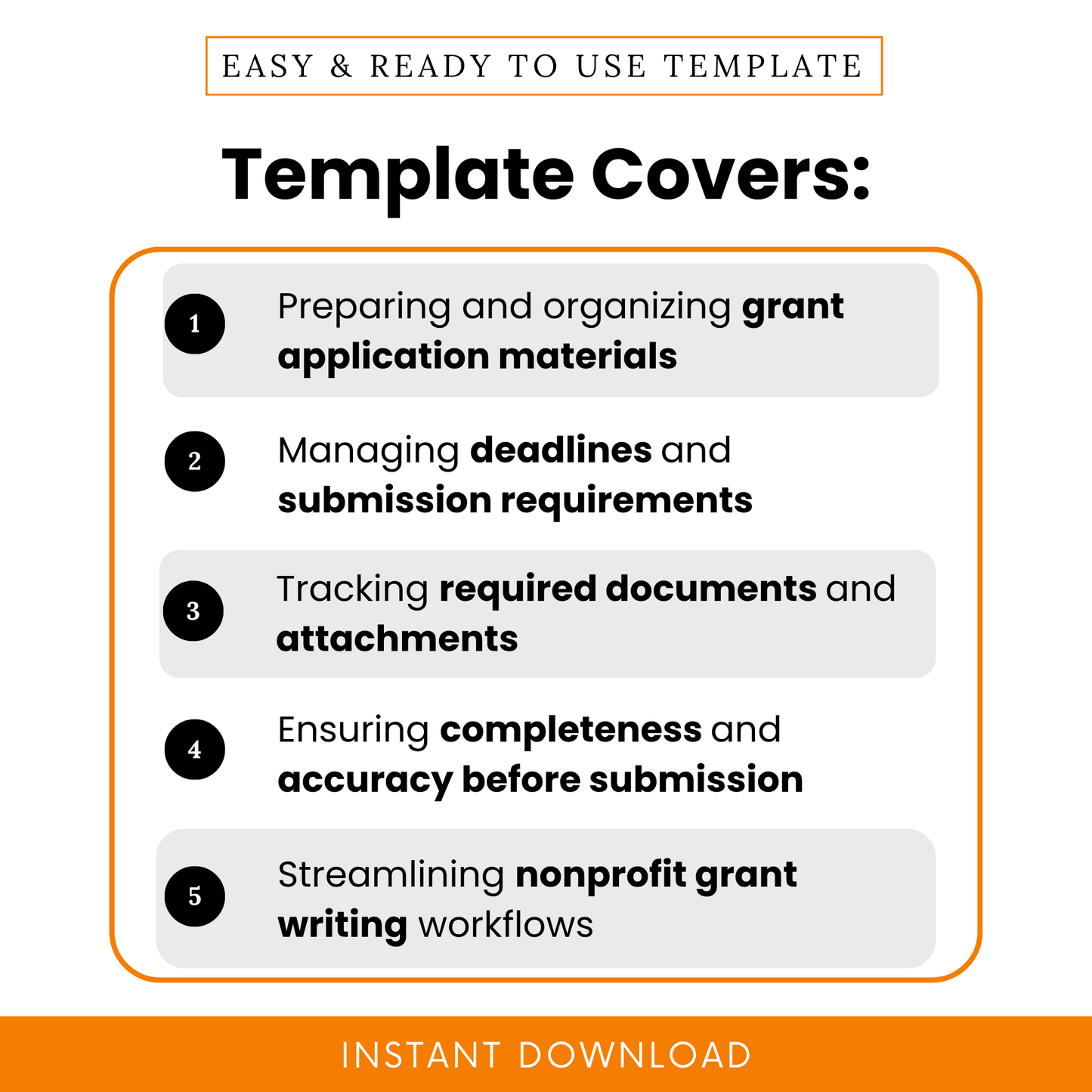 Simple Grant Application Checklist Template highlighting key use cases like organizing grant materials, managing deadlines, and tracking required documents. This Grant Application Checklist Template PDF is perfect for nonprofit teams and small businesses needing an efficient, printable grant planning and submission tool.