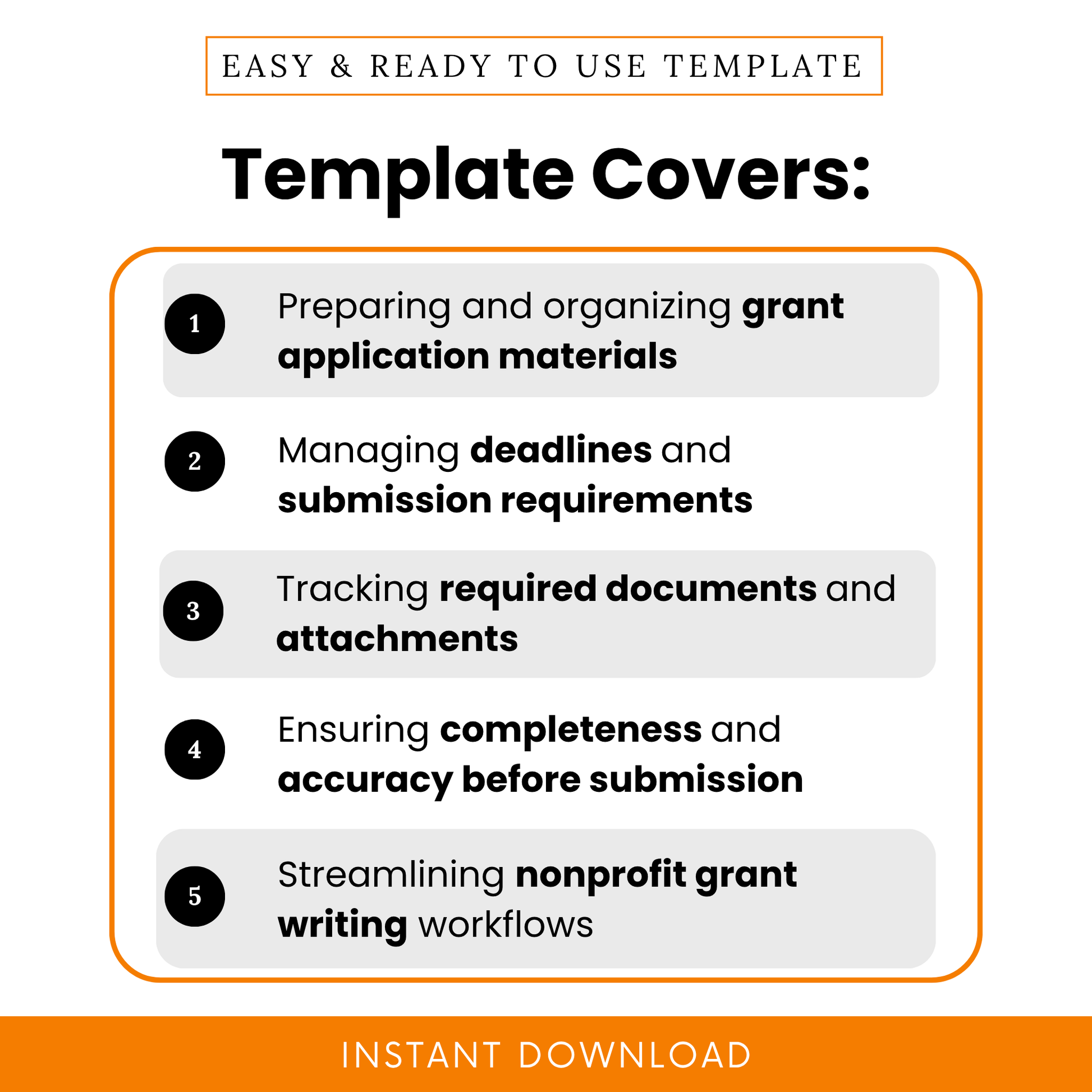 Simple Grant Application Checklist Template highlighting key use cases like organizing grant materials, managing deadlines, and tracking required documents. This Grant Application Checklist Template PDF is perfect for nonprofit teams and small businesses needing an efficient, printable grant planning and submission tool.