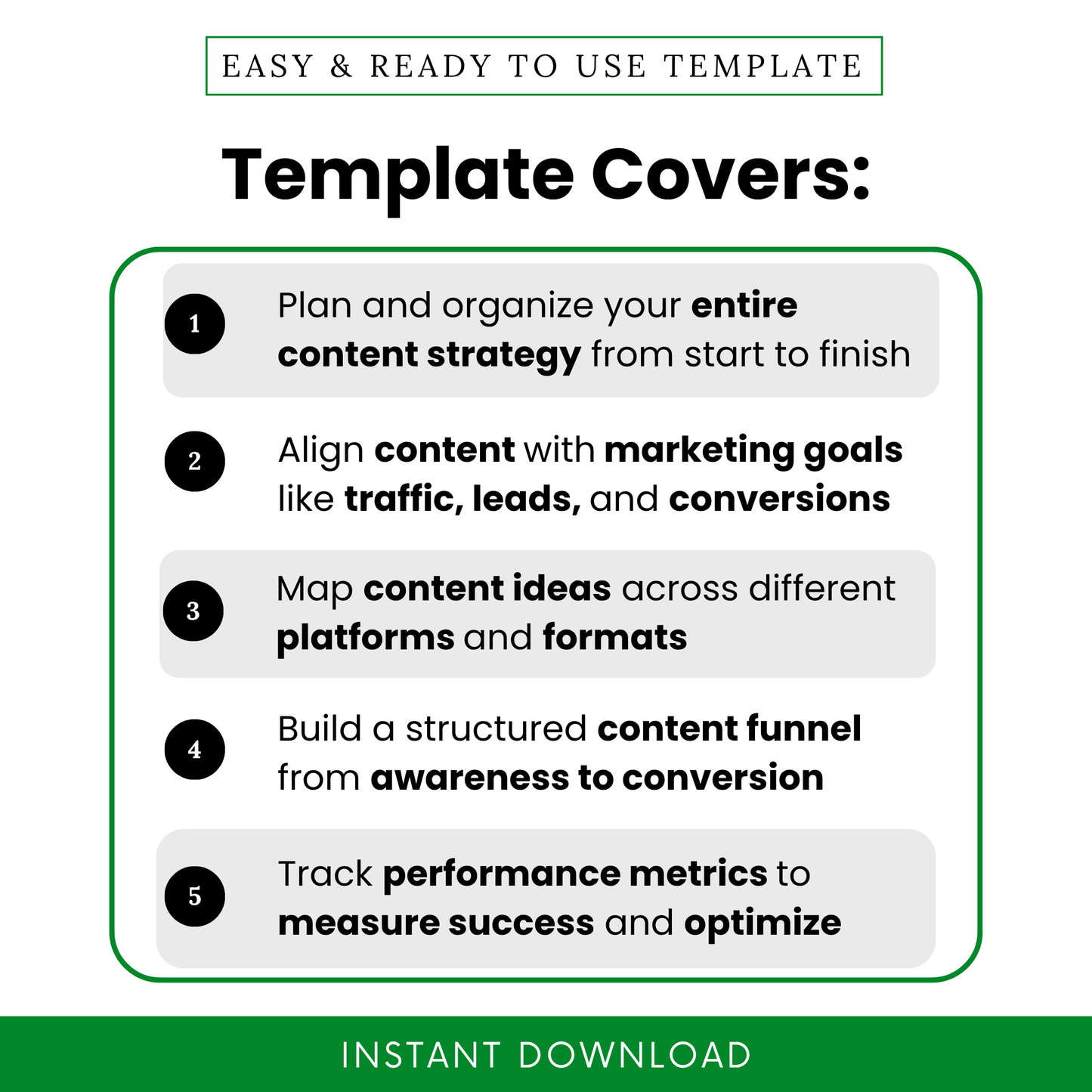 Simple Content Marketing Plan Template highlighting core benefits like organizing content strategy, aligning marketing goals, and building a content funnel. This Content Marketing Plan Template PDF is perfect for entrepreneurs and marketing teams who need a clear, structured business planning tool.