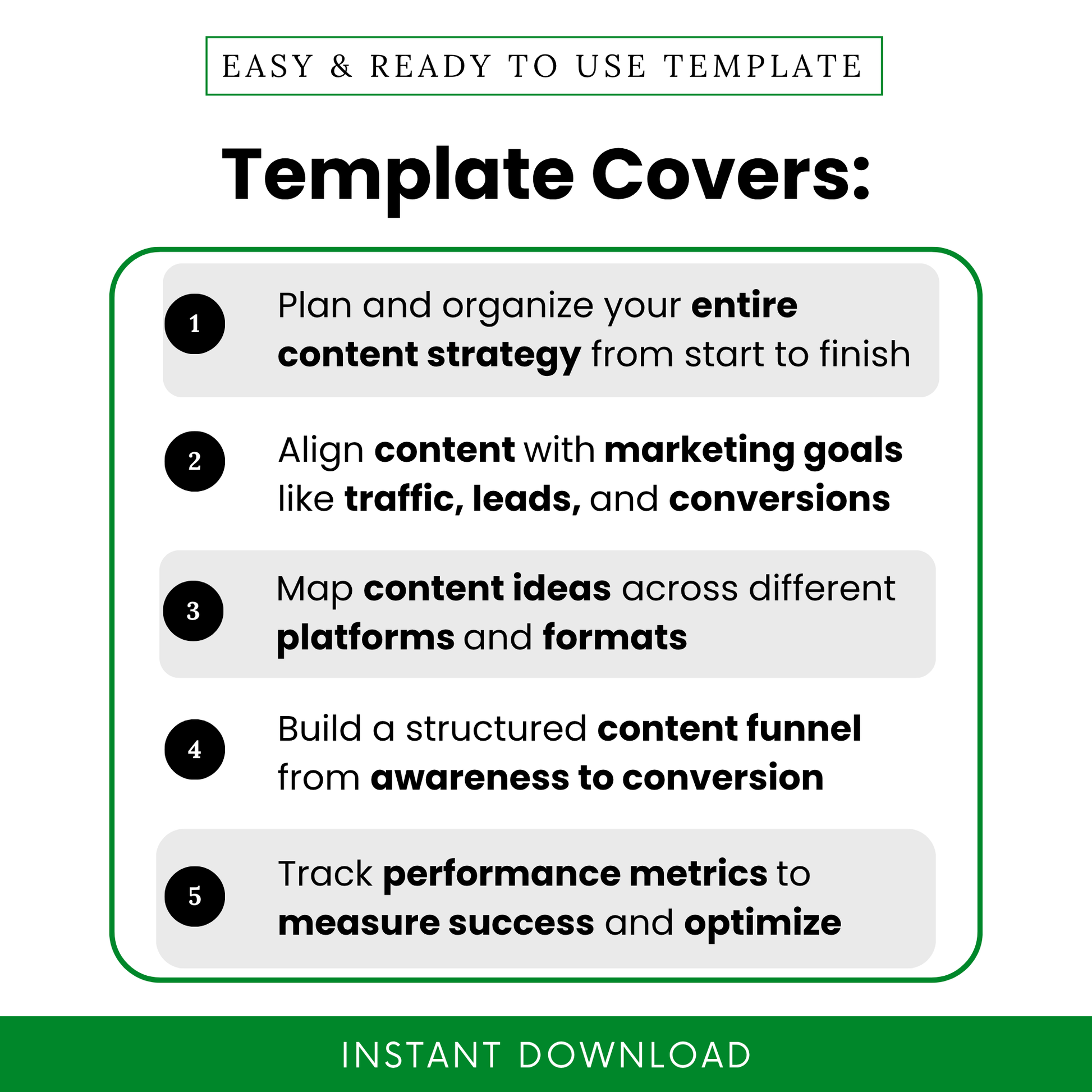 Simple Content Marketing Plan Template highlighting core benefits like organizing content strategy, aligning marketing goals, and building a content funnel. This Content Marketing Plan Template PDF is perfect for entrepreneurs and marketing teams who need a clear, structured business planning tool.