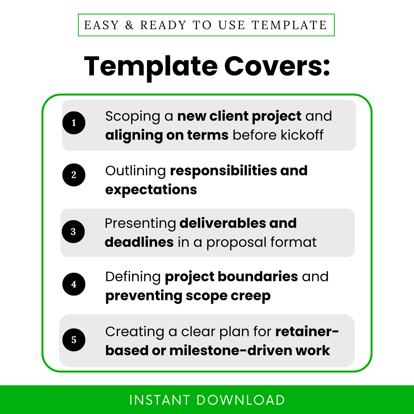 Scope of work template outlining project scope, responsibilities, deliverables, and timelines to prevent scope creep and align client expectations