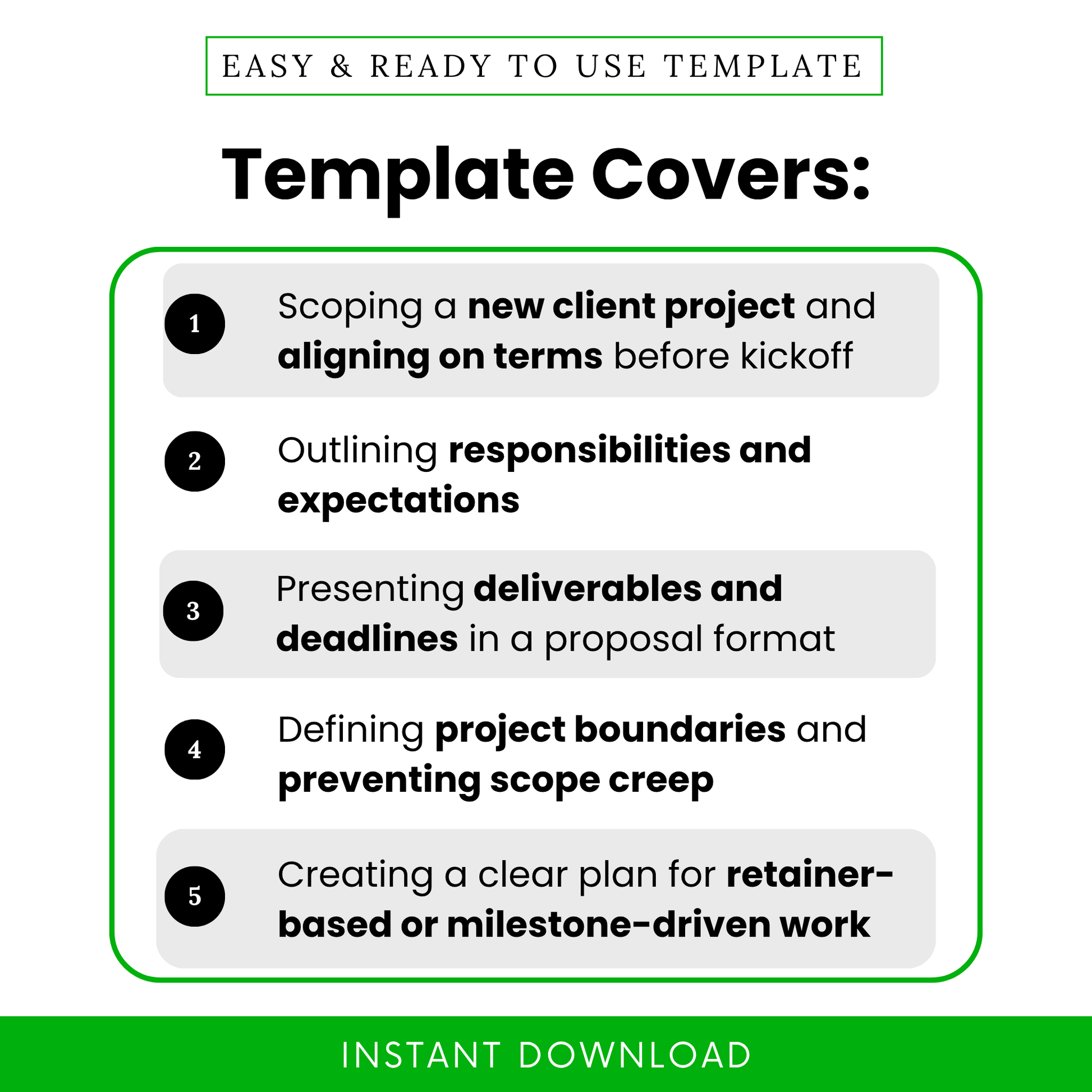 Scope of work template outlining project scope, responsibilities, deliverables, and timelines to prevent scope creep and align client expectations